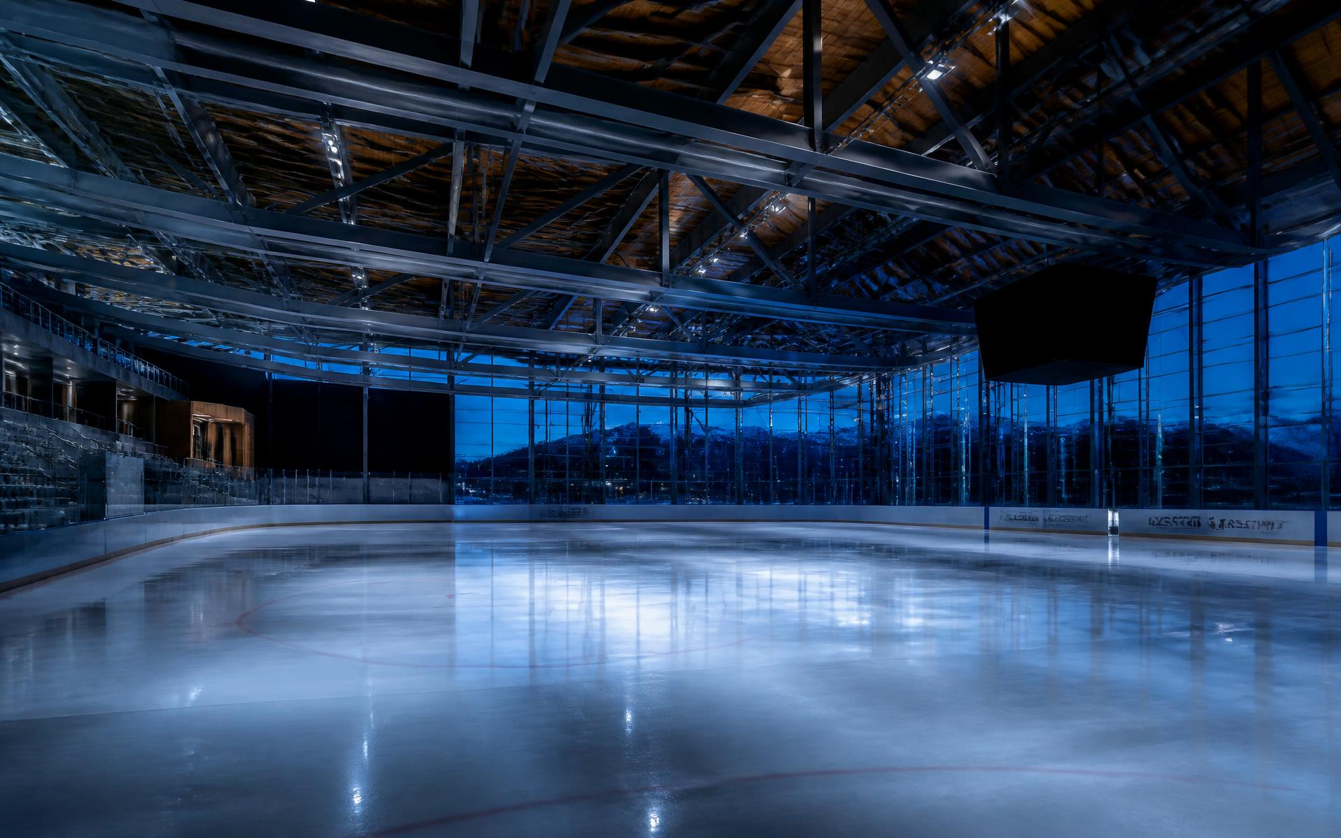 Empty ice surface inside a modern ice arena with an exposed steel roof structure at dusk